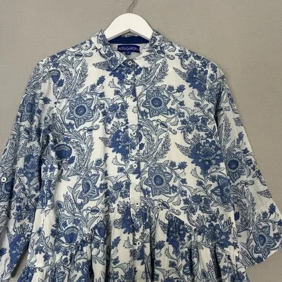 Ro’s Garden Leticia Deauville Mini Shirt Dress Womens Small Blue Floral Cottage - Picture 3 of 14